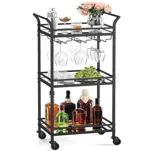 VASAGLE 3-Tier Drinks Trolley, Black Bar Cart on Wheels, with Handles, Mirrored Glass Shelves, Serving Trolley for Small Spaces, Kitchen, Dining Room, Bathroom, Living Room, Home Bar, Black LRC091B62