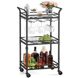 VASAGLE Drinks Trolley, 3-Tier on Wheels, 46.8 x 30 x 92 cm - Bar Cart, for Home Bar, Kitchen, Dining Room, Matte Black and Dove Grey, Baris Collection LRC091B62