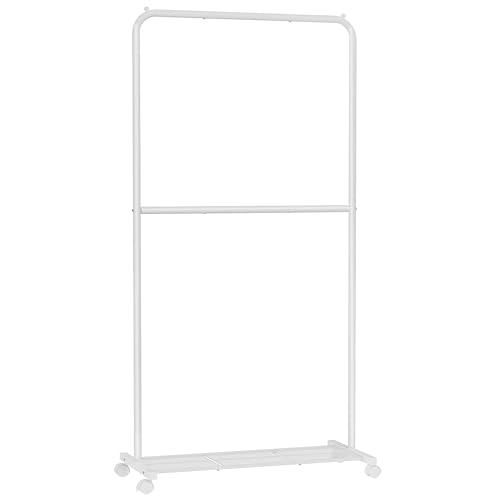 SONGMICS Clothes Rack with Wheels, Double-Rod Clothing Rack for Hanging Clothes, 25.4mm Metal Garment Rack with Dense Mesh Storage Shelf, 110 lb Load Capacity, 2 Brakes, White UHSR027W01