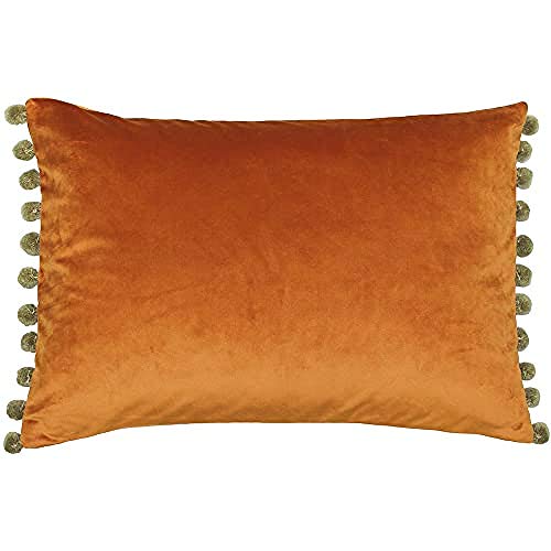 Paoletti Fiesta Rectangular Cushion Cover – Faux Velvet with Pompom Edges (Rust/Khaki – 35 x 50cm)