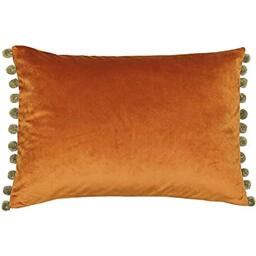 Paoletti Fiesta Rectangular Cushion Cover – Faux Velvet with Pompom Edges (Rust/Khaki – 35 x 50cm)