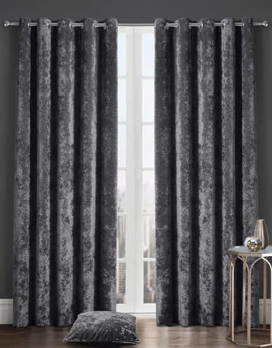 Kampala Hill Crushed Velvet Eyelet Ring Top Light Filtering Curtains Charcoal Black 46x54