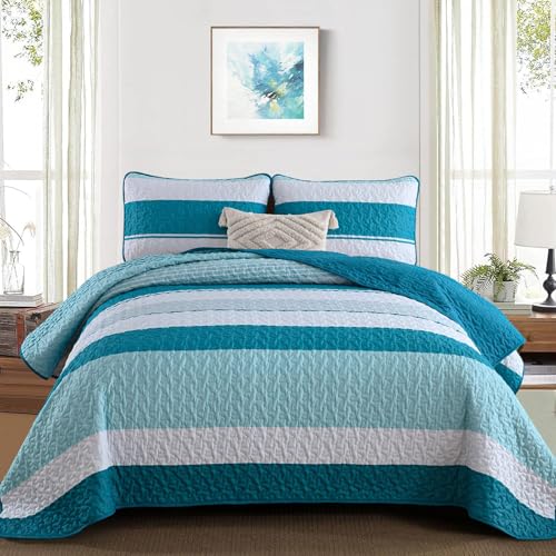 "Dinjoy Boho Quilt Set California King Size,Teal Bedspread Bedding Set Striped Soft Lightweight Blue Quilts 3 Piece Oversized Bedspreads Farmhouse Bed Sets (Cal King,112""x96"")"