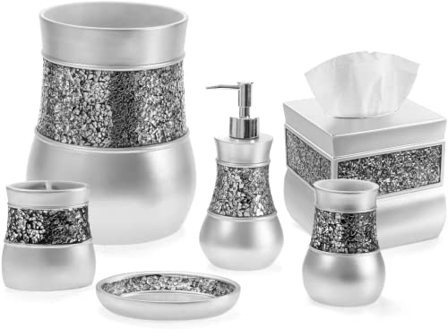 Creative Scents Silver Bathroom Accessories Set Complete - 6 Piece Mosaic Glass Bathroom Accessory Set Includes: Trash Can, Tissue Box Cover, Soap Dispenser, Toothbrush Holder, Soap Dish & Tumbler