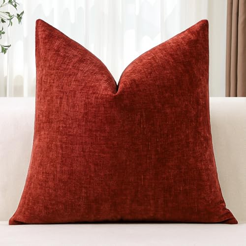 OTOSTAR Chenille Throw Pillow Covers 20x20 Inch Soft Farmhouse Rust Decorative Pillow Covers Solid Square Cushion Case for Sofa Bed Living Room Couch Home Decor (Rust)