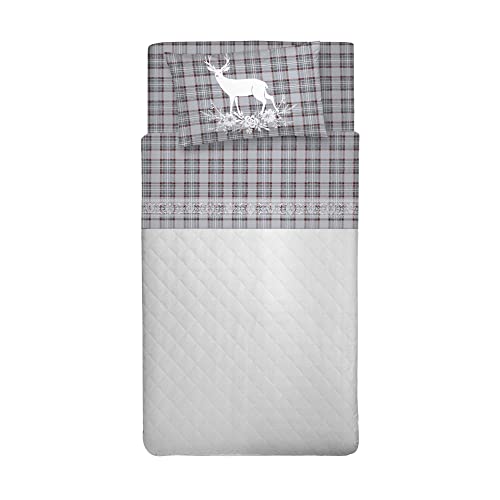 PENSIERI DELICATI 100% Cotton Bed Set 1 and Half Bed Sheet Set 120 x 200 Including Bottom Sheet, Top and 1 Pillowcase, Made in Italy, Grey Deer Tartan Pattern
