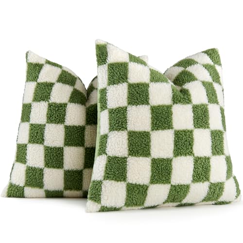 AmHoo Pack of 2 Decorative Throw Pillow Covers Checkerboard Luxury Super Soft Faux Fur Wool Set Case Cushion for Couch Sofa Bedroom 16 x 16-Inch Sage Green