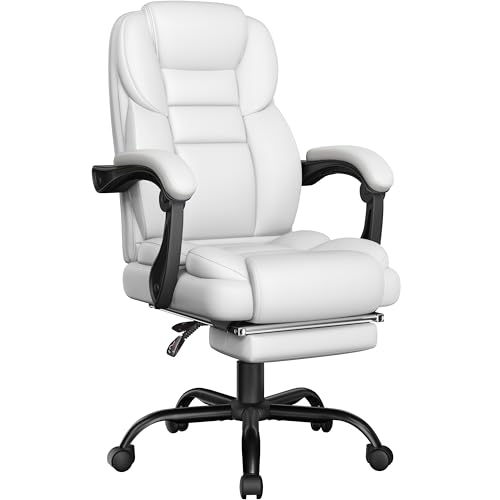 Yaheetech Executive Office Chair Ergonomic Footrest Lumbar Support, White - Faux leather upholstery, High back with lumbar support, Retractable footrest, Padded linkage armrests