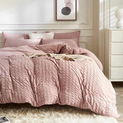 JELLYMONI Smokey Pink Seersucker Duvet Cover Set Full Size - Soft Breathable, Cotton-Like Feel, Crinkled Texture, Oeko-Tex Certified, 8 Corner Ties & Hidden Zipper