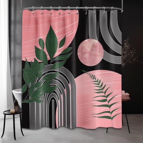 QGHOT Black and Pink Shower Curtain, 72x72 in, Mid Century Modern Girls - Blush Cute Mauve Theme, Boho Pattern Design, Abstract Girly MCM Bathroom Decor, Waterproof Polyester Fabric, with Hooks