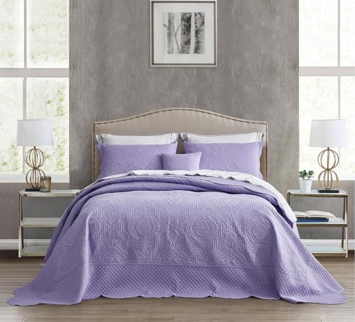 HZ & HY Oversized King Bedspread, Embossed Damask, Purple Lavender - Generous Coverage, 5-Piece Quilt Set, Lightweight Reversible Coverlet, Scalloped Edge, King/Cal King