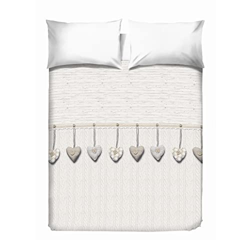 PENSIERI DELICATI Double Bed Sheet 260 x 280 cm, Single Sheet 100% Cotton Pique, Ideal as a Furniture Cover, 2 Seater Bed Cover, Beige Heart Pattern, 100% Made in Italy