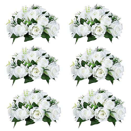 Sziqiqi Faux Silk Roses Artificial Flower Centrepieces, White, 6Pcs - 10in Floral Centrepiece for Wedding Tables, Flower Arrangement for Party, Birthday, Birthday Decoration, Bridal Shower