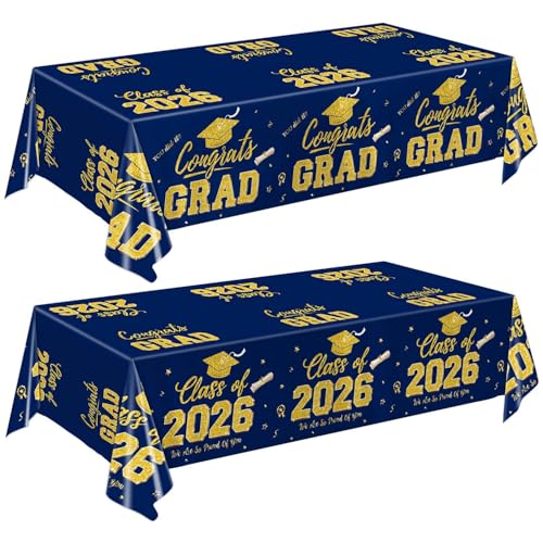 "LINHAXM Graduation Decorations 2026, 2 Pack Graduation Tablecloths, Congrats Grad Disposable Table Cover for Navy Blue and Gold Grad Party Decorations Class of 2026, 54"" x 108"""