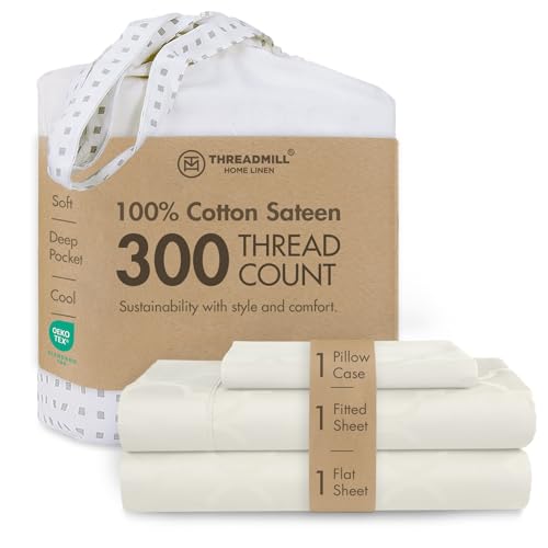 Threadmill Cotton Twin Sheet Set - 100% Cotton Sheets for Twin Size Bed - Damask Jacquard Sateen Twin Bed Sheets Set with 16??? Deep Pocket - Soft Breathable 3-Piece Cooling Sheet Set - Ivory