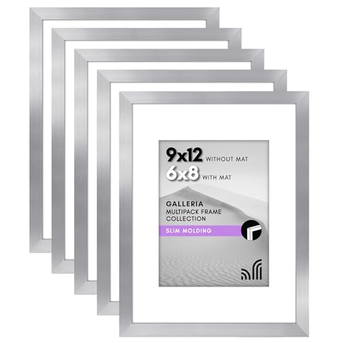 Americanflat 9x12 Picture Frame With Polished Plexiglass - Set of 5 - Use as 6x8 With Mat or 9x12 Without Mat - Galleria Collection - Gallery Wall Set for Wall Display - Silver