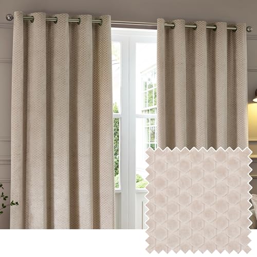 Paoletti Neptune Eyelet Curtain Pair – Lined Room Darkening Luxury Velvet Geometric Curtains (Champagne - 229x229cm)