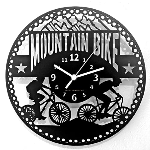 Instant Karma Clocks - Mountain Bike Wall Clock with Cyclists and Cycling Bicycle Design - Silent No-Ticking - Perfect for Bedroom, Office, Studio, Cabin, Living Room - Unique Decoration