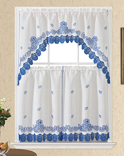 "GOHD Lace Rosarium 3pcs Kitchen Curtains,with Rose Embroidery.Blue,34"""