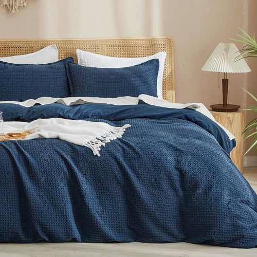 "PHF Waffle Weave Duvet Cover Set Twin/Twin XL Size, No Snagging Soft Luxury Textured Breathable Comforter Cover for All Season 2pcs, Durable Bedding Duvet Set with 1 Pillow Sham, 68""x90"", Navy Blue"