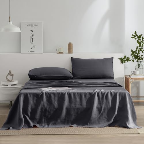 EVERLY Linen Sheets Set Full Size,100% French Stonewash Pure Linen Bed Sheets,4Pieces (1Flat Sheet,1Fitted Sheet,2Pillowcase) Suitable for Hot Sleepers,Deep Pocket Natural Bedding Set-Dark Grey