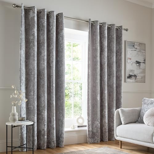 Catherine Lansfield Crushed Velvet 46x72 Inch Eyelet Curtains Silver Grey