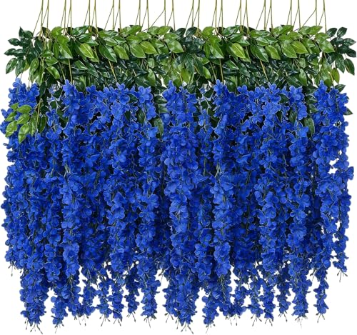 WEISPARK Fake Hanging Flowers - 12 Pieces 3.75 Feet/Piece Artificial Wisteria Vine Ratta Hanging Garland Silk Flowers for Home Party Wedding Decor (Royal Blue)