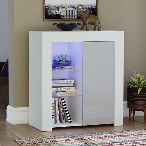 Vida Designs Azura 1 Door Modern LED Sideboard in White & Grey, RGB Lights (Fade/Strobe Options Included), High Gloss