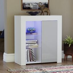 Vida Designs Azura 1 Door Modern LED Sideboard in White & Grey, RGB Lights (Fade/Strobe Options Included), High Gloss