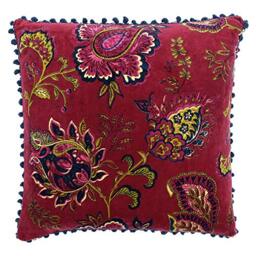 "Riva Paoletti Malisa Square Polyester Filled Cushion Red-Paisley Indian Print-Faux Velvet Fabric-Blue Pompom Edges-Machine Washable-100 (20"" x 20"" inches), Cotton, Pomegranate, 50 x 50cm"
