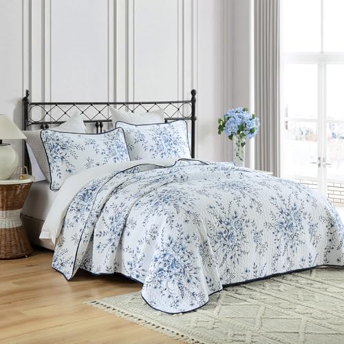 "QuiltMuse Blue Quilts Queen Size - 100% Cotton Quilt Set with Matching Shams, Botanical Floral Design Farmhouse Bedspread, 3 Pieces Summer Lightweight Coverlet Set for All Season, 90""x98"""