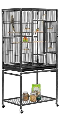Yaheetech Budgie Cage 62 x 43 x 136 cm with Detachable Rolling Stand Black - Bird Cage, Parakeet Cage, Cockatiel Cage, Powder-Coated Wrought Iron, Escape-Proof Latch, Bar Spacing 10mm