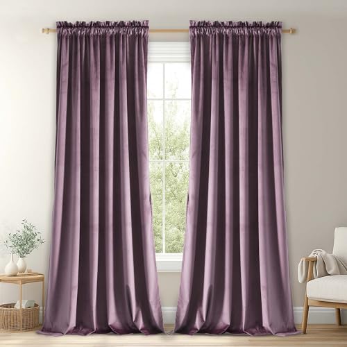 JIUZHEN Lavender Velvet Curtains 108 Inch Long Soft Retro Velvet Blackout Thermal Insulated & Noise Reducing Rod Pocket Curtains for Living Room, 70W x 108L, 2 Panels with Tiebacks