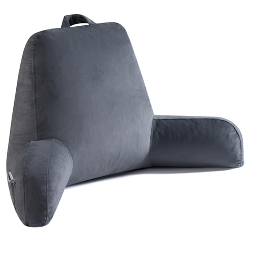 "OAISZ Reading Pillow for Sitting in Bed Adult, 19"" Reading Pillow with Shredded Memory Foam, Back Pillow for Sitting Up with Extend Arms, Pockets, Bed Pillow with Washable Cover, Grey"