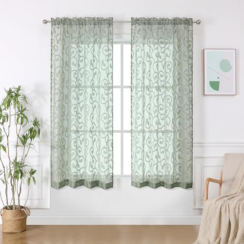 OWENIE Furman Sage Green Sheer Curtains 54 Inch Length 2 Panels Set for Living Room Bedroom Bathroom Small Window, Airy Jacquard Clip Short Curtains Each 42Wx54L inch