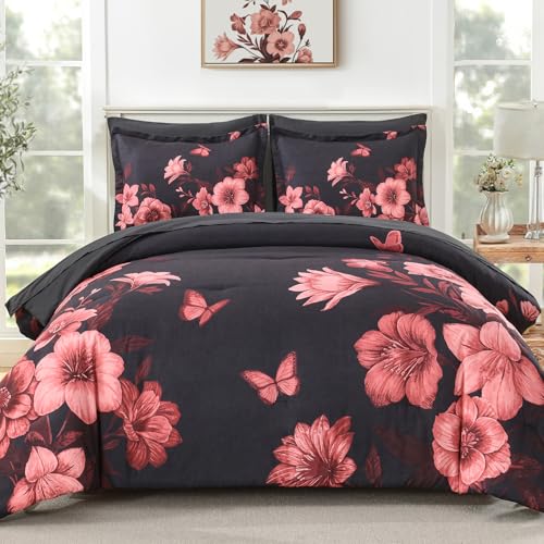 "DHSFKBE Floral Comforter Set Queen Size, 7 Pieces Black Bed in a Bag, Elegant Floral Butterfly Comforter and Sheet Set, Soft Microfiber Bedding Set for All Seasons(Black,90""x90"")"