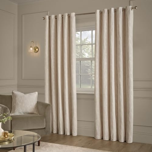 Paoletti Aurelio Eyelet Curtain Pair (Ivory - 168x137cm) - Woven Jacquard Chenille Soft Texture Abstract Room Darkening Lined Curtains