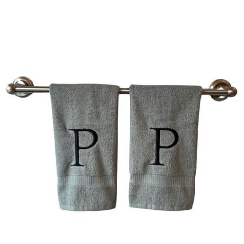 Gray with Black Monogrammed Hand Towels for Bathroom - Set of 2 Letter P - Luxury Hotel Quality Initial Towels For Powder Room, Spa, GOTS Organic Certified