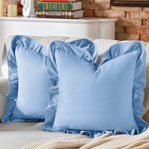 AmHoo Pack of 2 Throw Pillow Covers 100% Cotton Pre Washed Ruffle Decorative Pillowcase Cushion for Couch Sofa Bedroom 20 x 20-Inch Light Blue