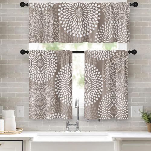 Tayney White Khaki Kitchen Window Curtains Valance and Tier Set 36 Inch, Abstract Seamless Geometric Flower Rod Pocket Short Tier Curtain for Bathroom, Modern Small Cafe Drapes for Kitchen Decor