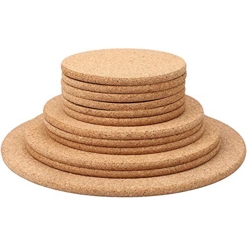 Cork Coasters Cup Trivets Wooden Thick Drink Round Absorbent Blank Cork Base Mat for Wine Glasses Home Bar Kitchen Restaurant Cafe Wedding Party Supplies, 1/4 Inch Thickness, 4 Sizes