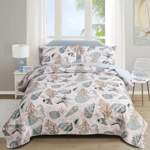 Junsey Beach Bedding Full/Queen Size Lightweight Coastal Bedspreads Ocean Theme,3Pcs Conch Seashell Starfish Quilts Set Nautical Seahorse Coverlet with Pillow Shams???90???x90