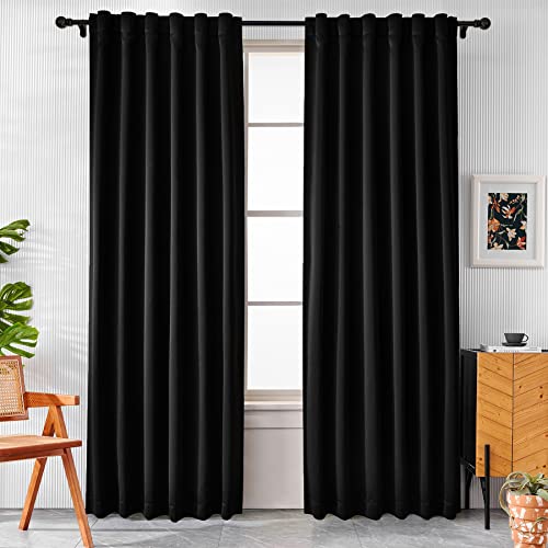 "Pickluc Blackout Curtains 96 Inches Long 2 Panels, Black Out Drapes for Bedroom or Living Room, Back Tab and Rod Pocket Top, Set of Two, Black, 52"" Wide and 96"" Length."