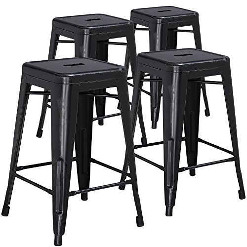 "Flash Furniture Kai Commercial Grade 4 Pack 24"" High Backless Distressed Black Metal Indoor-Outdoor Counter Height Stool"