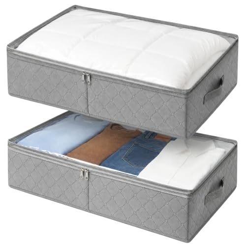 "LotFancy Foldable Under Bed Storage Bags, Closet Organizers and storage bins, Clothes Blankets Organizer, with Clear Window and Reinforced Handles, 24??? x 16??? x 6"", Gray, Pack of 2"
