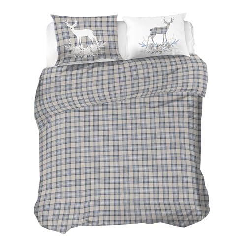 PENSIERI DELICATI 100% Cotton Flannel Double Duvet Cover Set, 250 x 200 cm Bag and Pillowcase 52 x 82 cm, Made in Italy, Machine Washable at 40 Degrees, Blue Deer Design