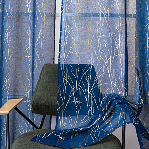 "Sutuo Home Navy Blue Sheer Curtains 84 Inches Long 2 Panels Set, Gold Foil Print Metallic Bronzing Branch, Privacy Voile Window Treatment Decor Drape Pair for Bedroom Living Room 52"" W x 84"" L"