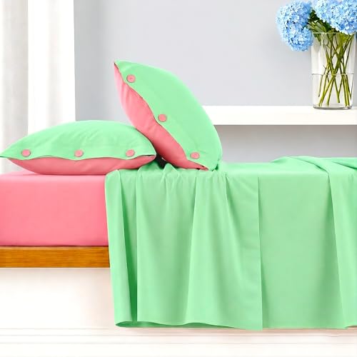 Ruggeri - Complete Double Bed Set - 100% Cotton - Good Vibes Collection (Green and Pink)