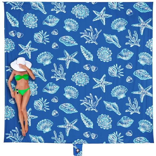 WEKAPO Beach Blanket Waterproof Sandproof Oversized, Extra Large Beach Mat Sand Free, Lightweight & Compact Sand Free Mat with 6 Stakes & 4 Corner Pockets (Blue Sea Shells, 11 x 9 FT (1???9 Person))