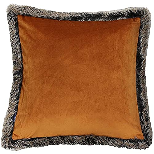 "Riva Paoletti Kiruna Square Filled Cushion - Rust Orange Velvet Look and Feel - Faux Fur Edging - Reversible - Hidden Zip Closure - 100% Polyester Case - 45 x 45cm (18"" x 18"" inches)"